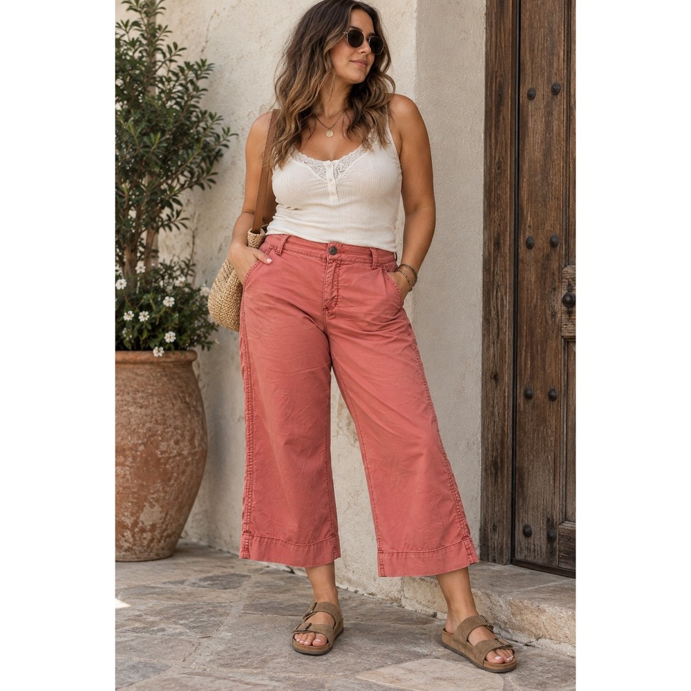 Hei Hei Anthropologie Cropped Wide Leg Utility Pants Coral Size 31 Casual Boho